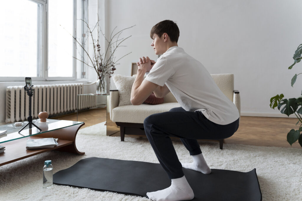close up man exercising after online instructor